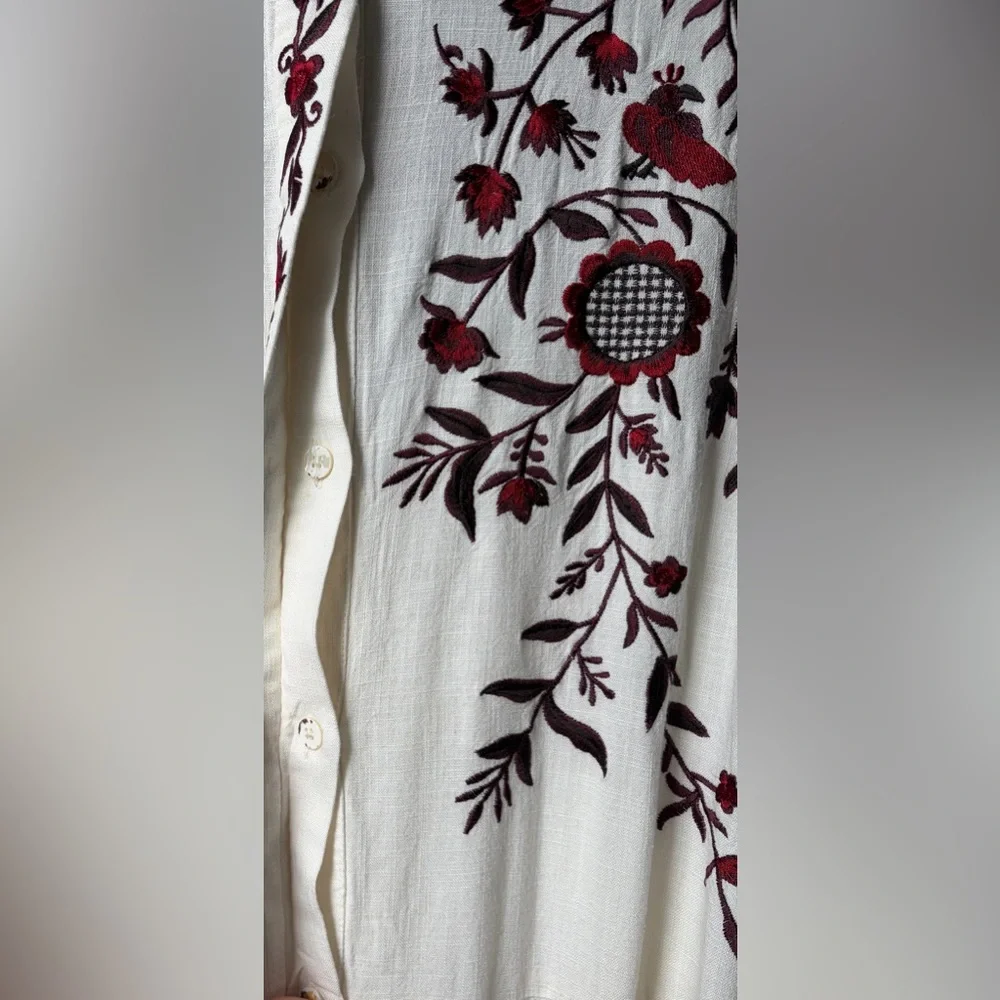 Sundance White Burgundy Embroidered Maxi Dress Tie Waist Boho Cottagecore XL - Picture 9 of 16